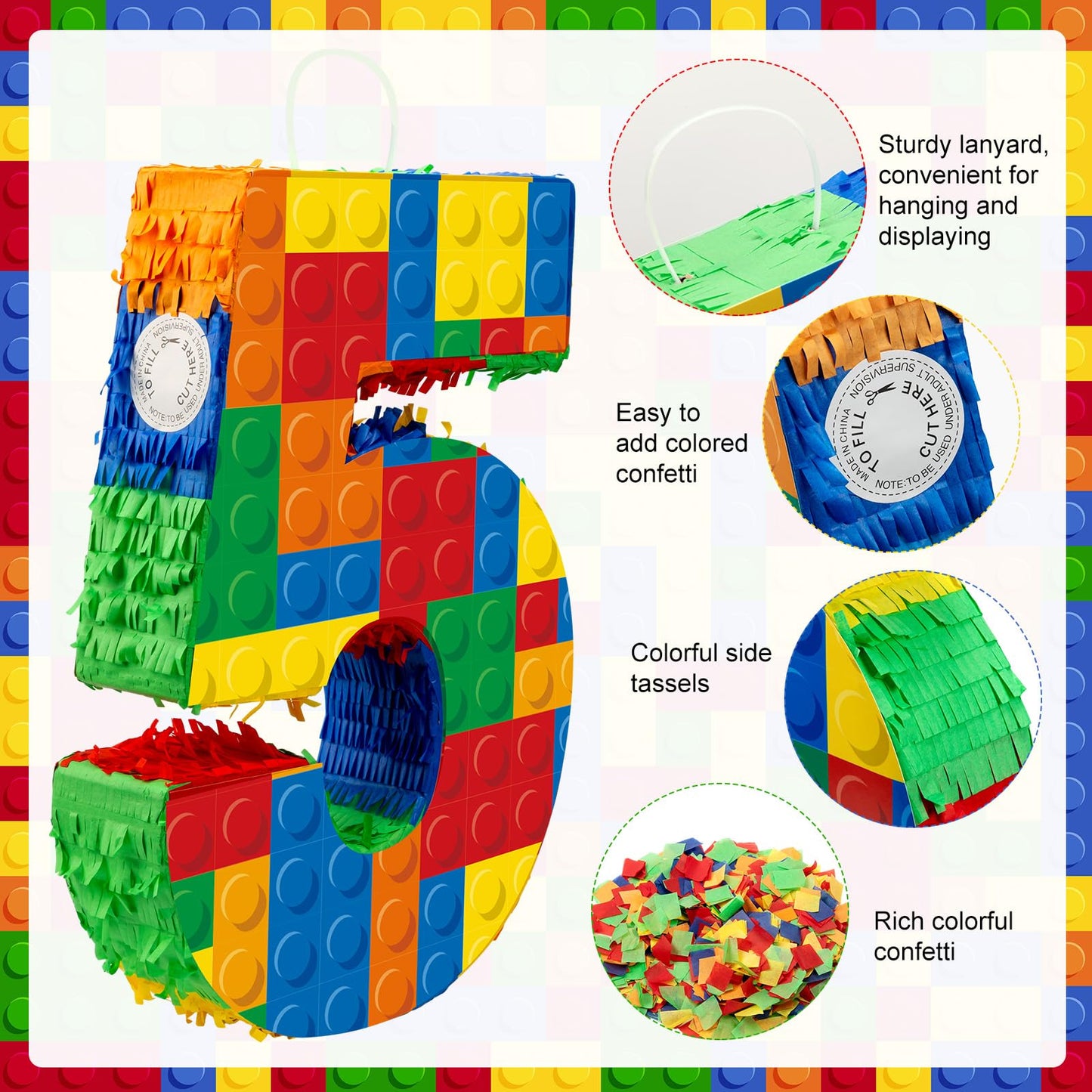 RoundFunny Number 5 Building Blocks Piata 16.5 Inch Party Supplies 5th Birthday Party Decorations Piata with Confetti Blocks The