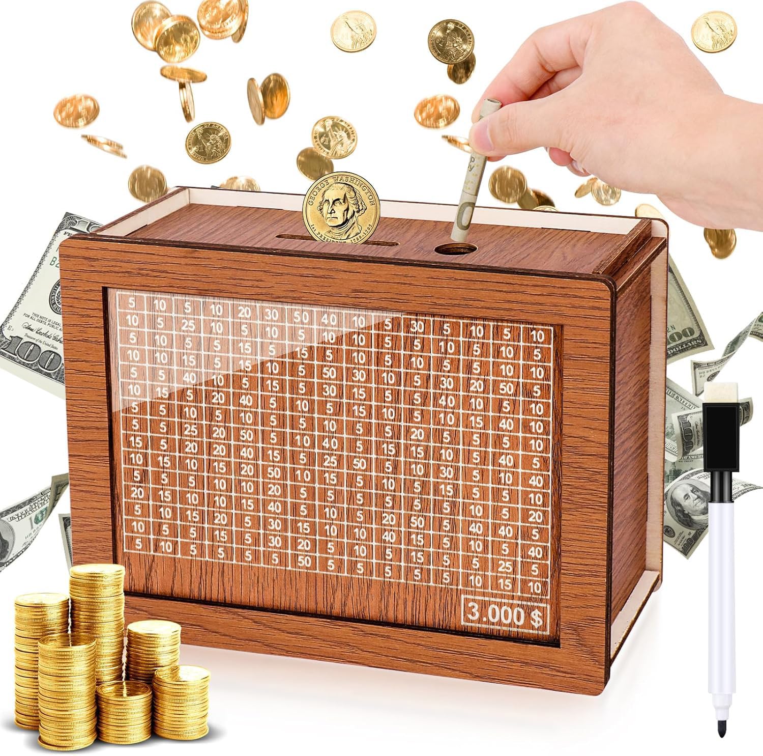 Homgaty Wooden Money Box Money Bank, Countdown Money Saving Box With 3 ...