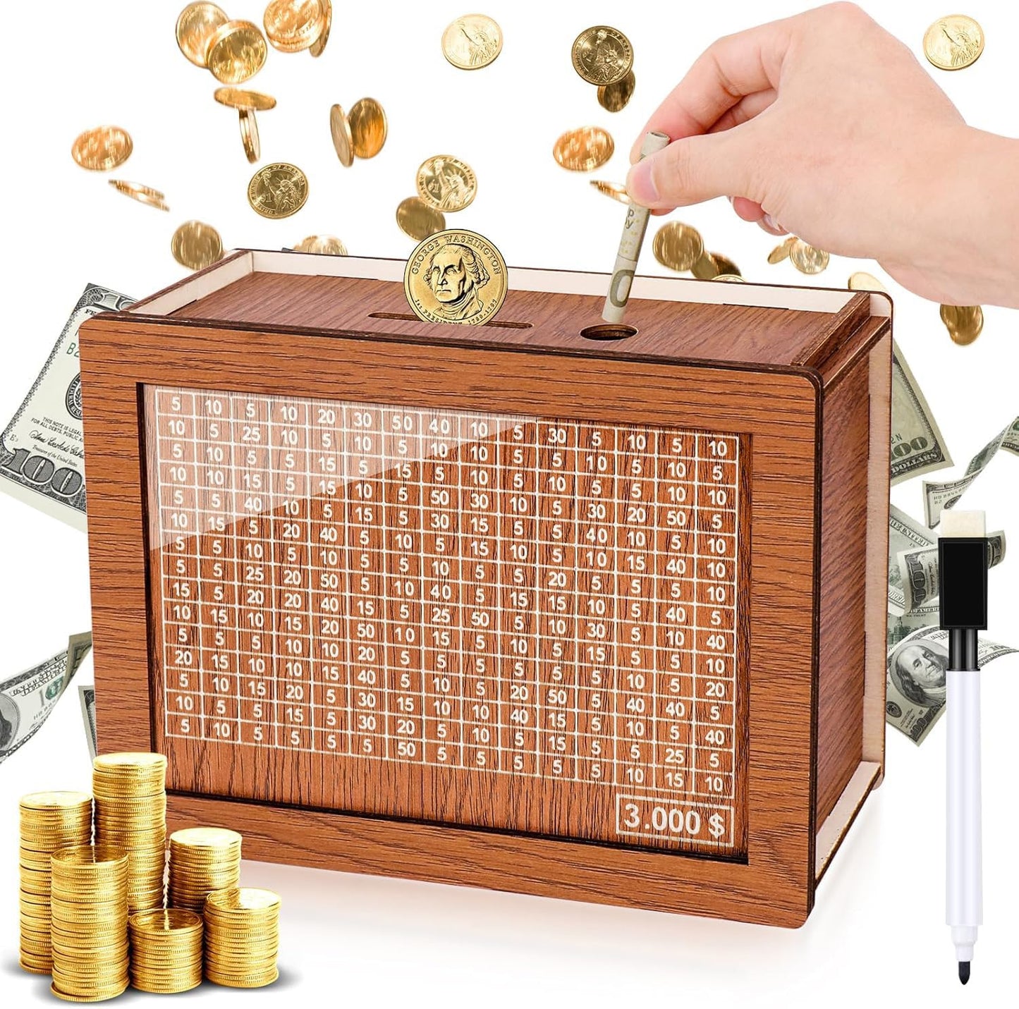 Homgaty Wooden Money Box Money Bank, Countdown Money Saving Box With 3000 Dollars Target, Money Box With Money Target And Numbers To Check For Boys Girls (3000 Usd)