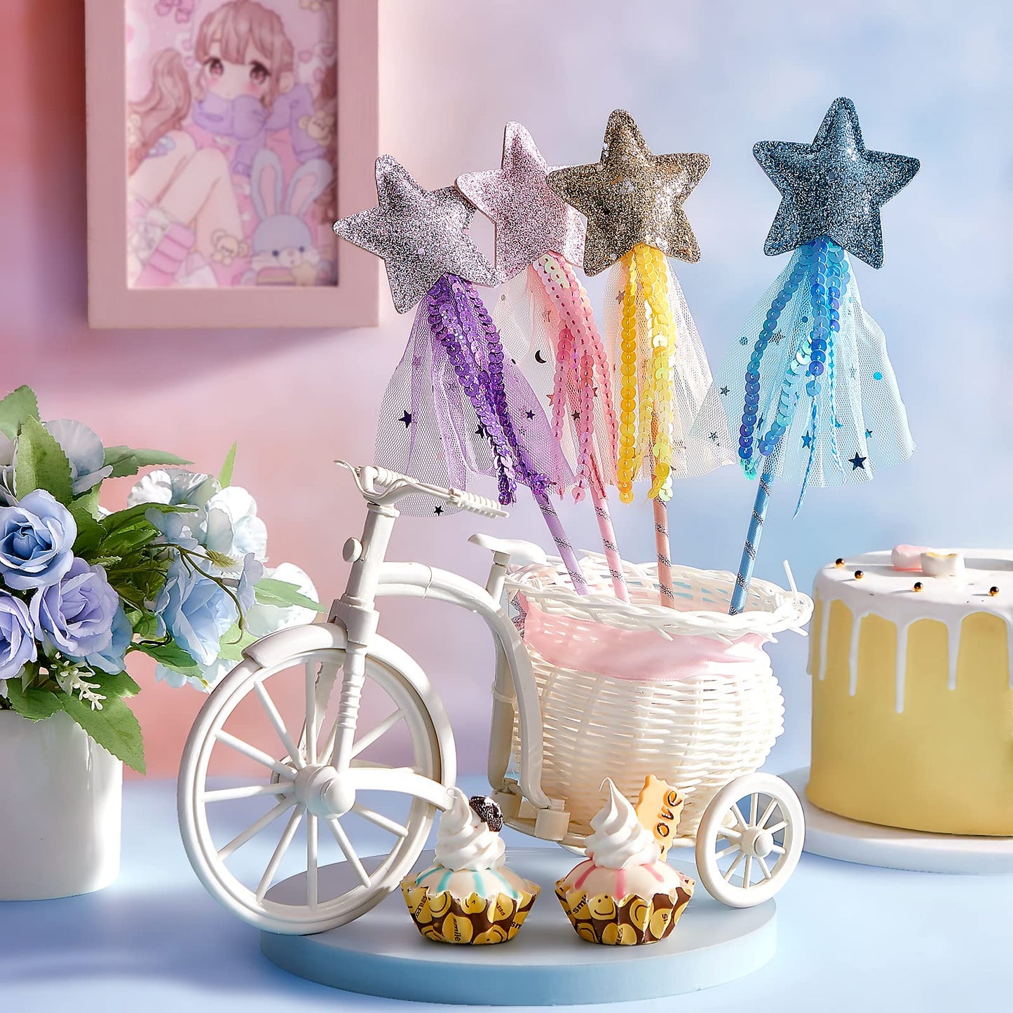 Honoson Glitter Star Magic Wand Princess Wand Fairy Wand Angel Star Wand Stick with Ribbon for Girl Kid Birthday Wedding Princes