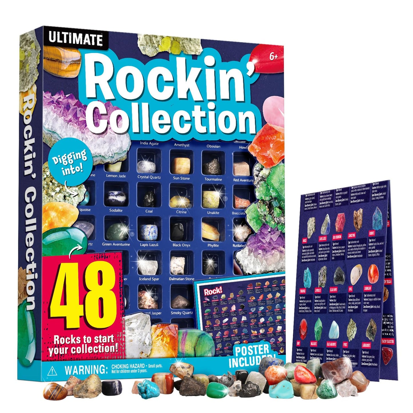 Xxtoys Rocks Collection 48 Pcs Rock And Mineral Education Set Gemstones For Kids Geology Gem Kit With Tiger’S Eye Rose Quartz Red Jasper And More Identification Guide Stem Science Education