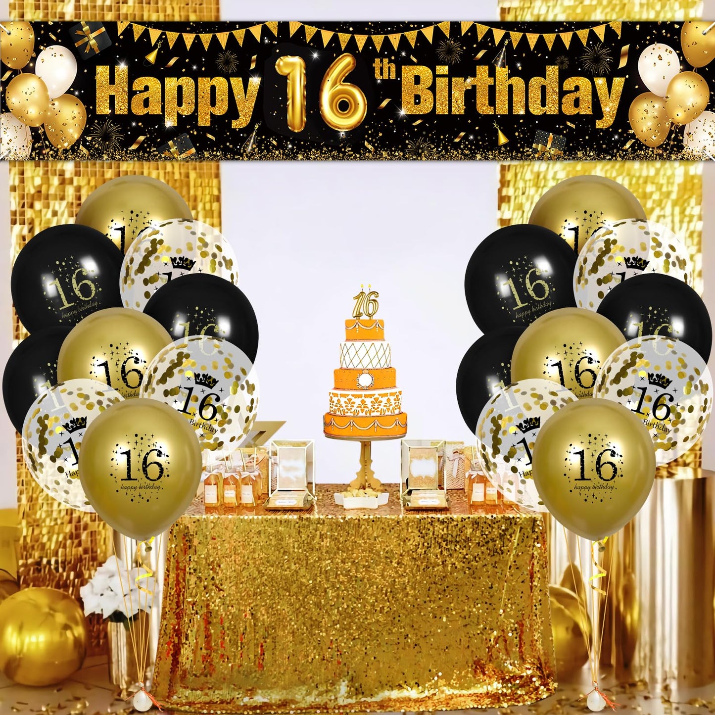 16Th Birthday Decorations For Boys Girls Black And Gold Happy Birthday Yard Banner 18Pcs 16Th Birthday Confetti Balloons For Kids 16 Years Old Anniversary Birthday Party Supplies Outdoor Yard Decor