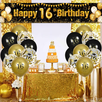16Th Birthday Decorations For Boys Girls Black And Gold Happy Birthday Yard Banner 18Pcs 16Th Birthday Confetti Balloons For Kids 16 Years Old Anniversary Birthday Party Supplies Outdoor Yard Decor