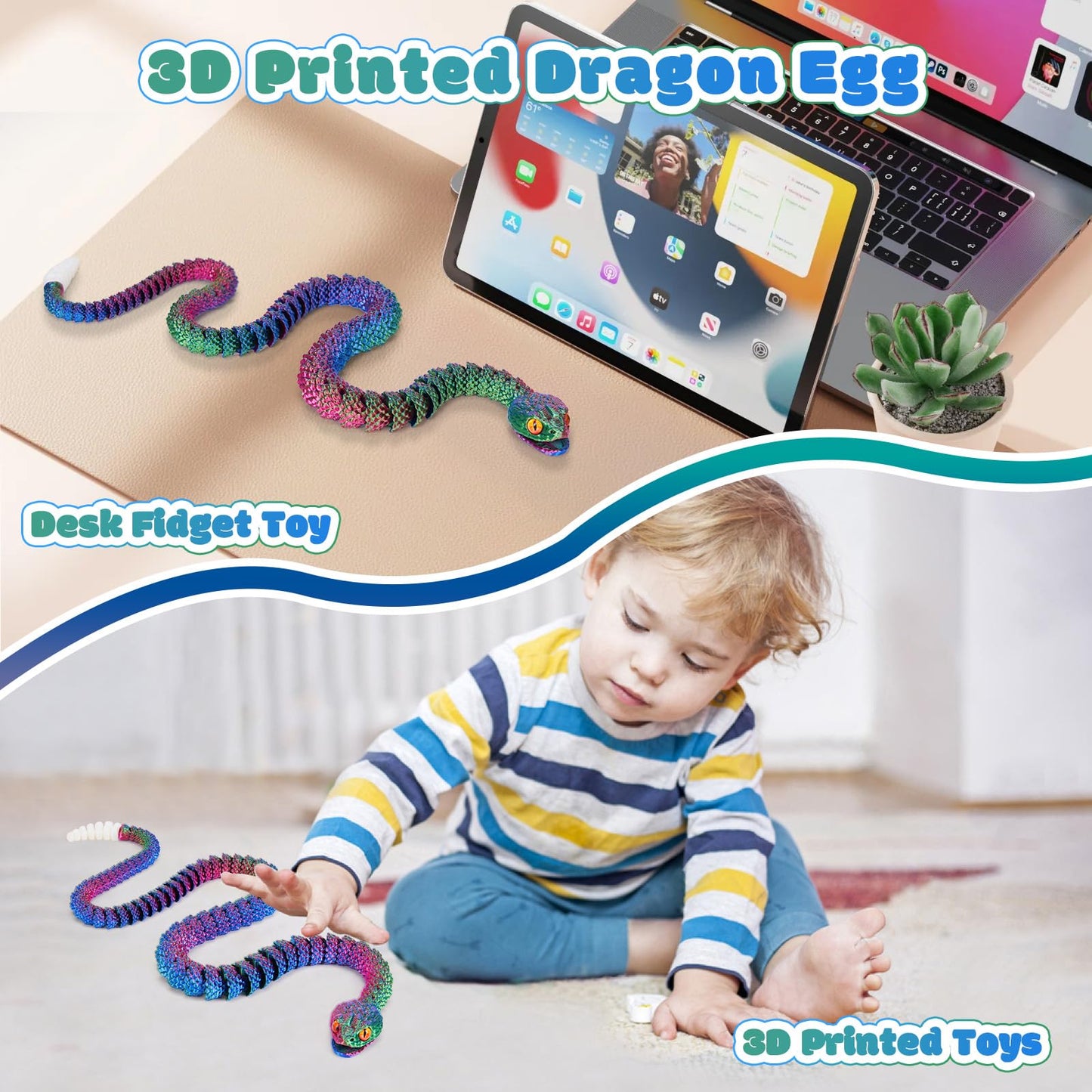 Tboline 3D Printed Snake Eggs, 21In 3D Print Flexible Articulated Animal Fidget Toys Pet Snake For Kids Teen Boy, Easter Egg Bas