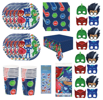 PJ Masks Birthday Party Supplies Decoration Bundle includes Lunch Plates, Napkins, Cups, Table Cover, Paper Masks (Bundle for 16