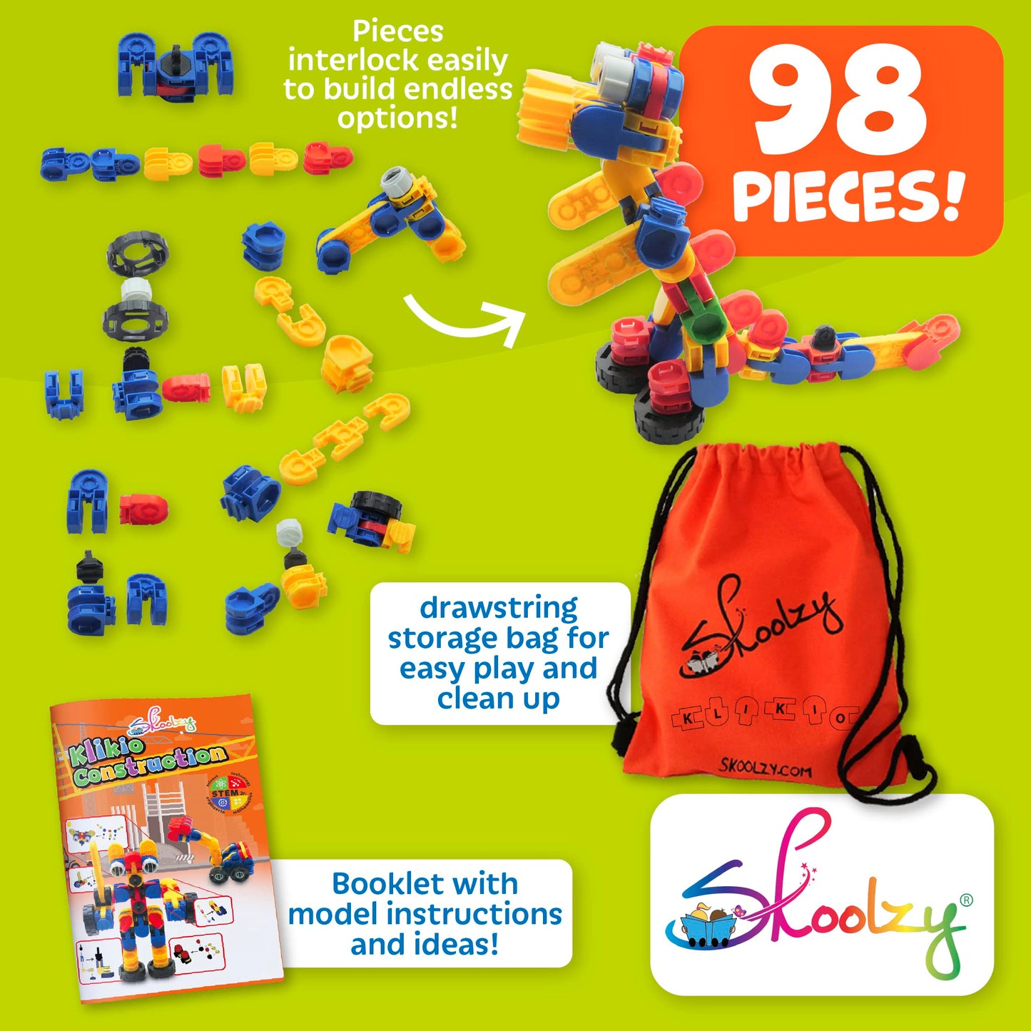 Skoolzy Klikio 8 In 1 Construction Building Engineering Toys 98 Piece Kit - Stem Bin Toys For Ages 7+, Includes Storage Bag And Booklet With Building Designs