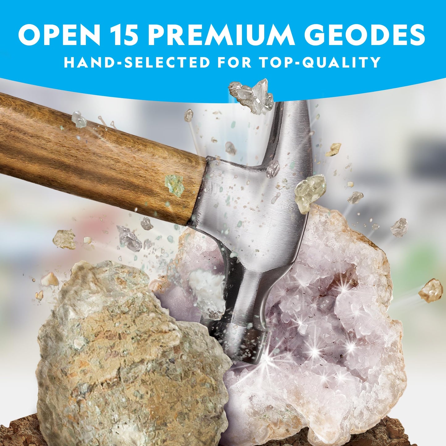 National Geographic Break Open 15 Premium Geodes - With Goggles, Detailed Learning Guide, 3 Display Stands, Great Stem Science T