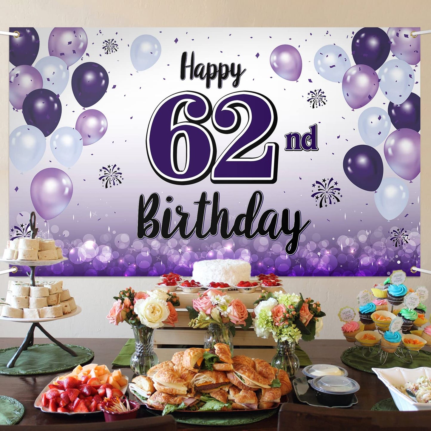 LASKYER Happy 62nd Birthday Decorations,62nd Purple Balloon Large Birthday Banner Backdrop Sign,62 Years Old Bday Party Supplies