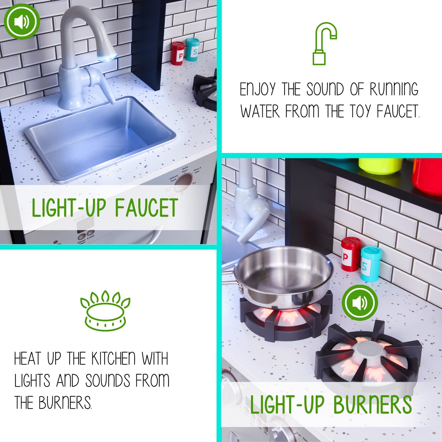 Lil' Jumbl Kids Kitchen Set, Pretend Wooden Play Kitchen, Battery Operated Icemaker, Burners, Faucet & Microwave Makes Realistic
