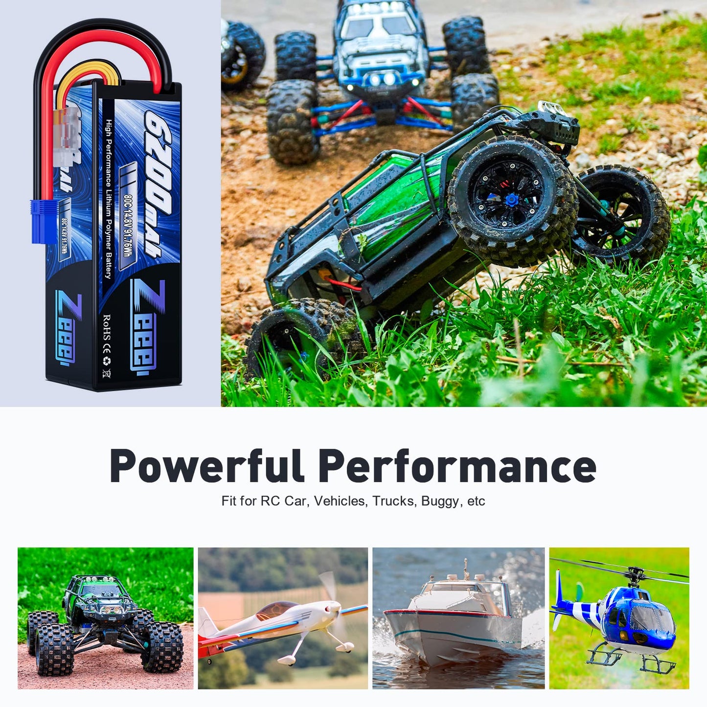 Zeee 4S Lipo Battery 6200mAh 14.8V 80C Hard Case Battery with EC5 Connector for Car Truck Tank RC Buggy Truggy Racing Hobby(2 Pa