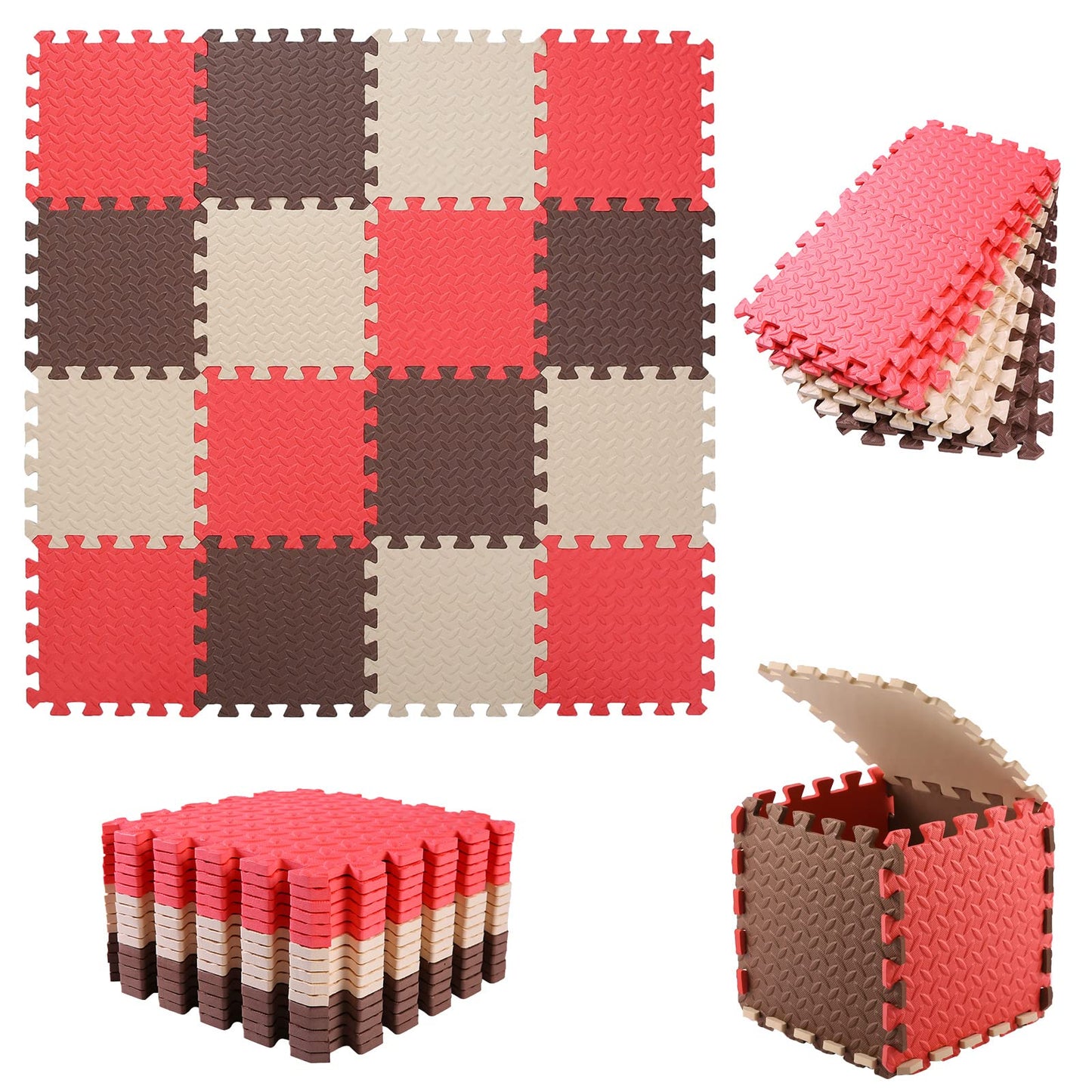 Tamiplay 16 Tiles Foam Play Mat, 0.4 Inch Thicked Interlocking Floor Mats With Solid Colors, Squares Baby Play Mat, Eva Foam Puzzle Floor Mat Foam Mats For Toddlers(Red/Coffee/Beige)
