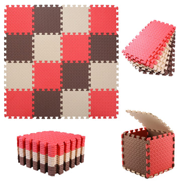Tamiplay 16 Tiles Foam Play Mat, 0.4 Inch Thicked Interlocking Floor Mats With Solid Colors, Squares Baby Play Mat, Eva Foam Puzzle Floor Mat Foam Mats For Toddlers(Red/Coffee/Beige)