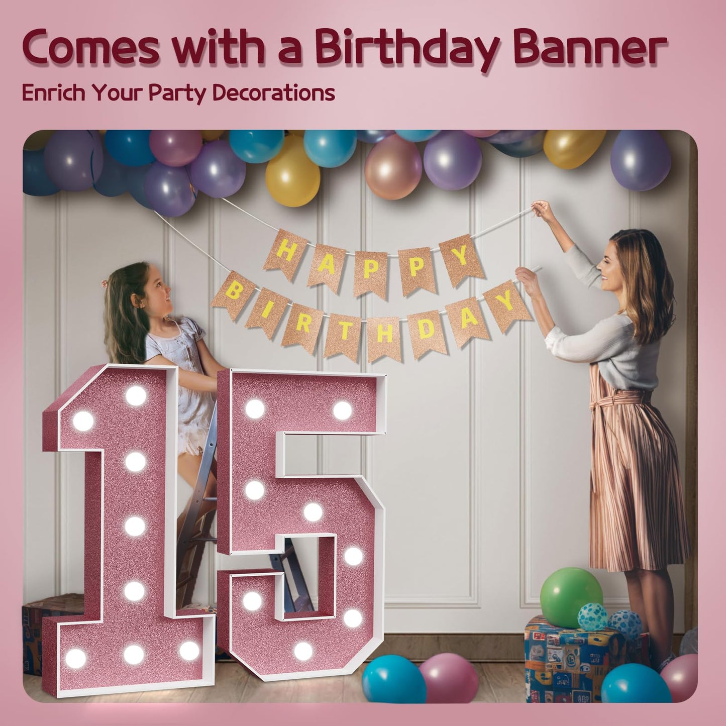 Marquee Numbers Pink 15Th-Birthday Decorations: Large 3Ft Light Up Number Rose Gold 15 Birthday Decoration For Boy Girl Fifteen