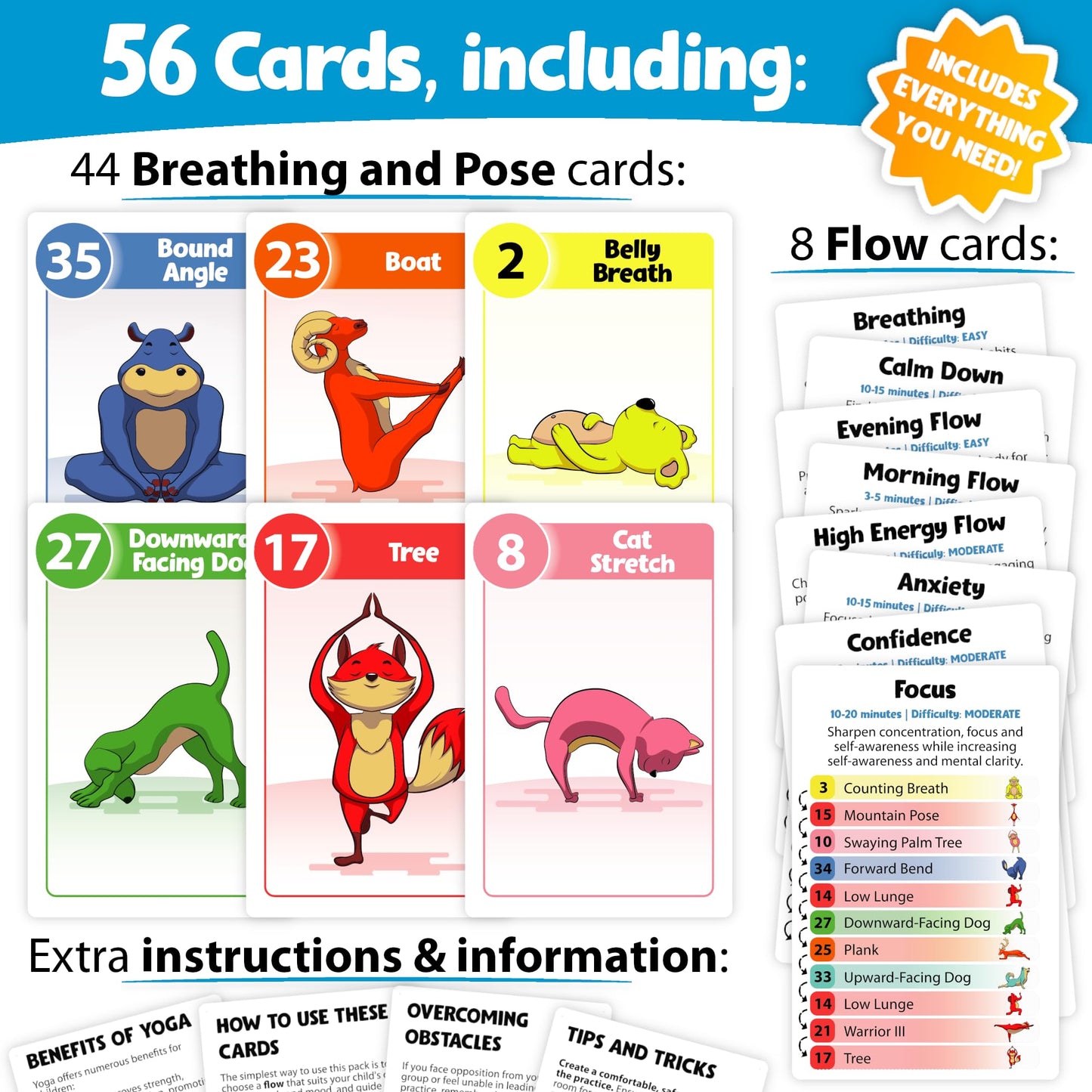 Yoga Pose and Breathing Exercise Cards for Kids - Promote Mindfulness  Meditation  and Self Care for Children - Fun Preschool Game with Easy to Read Steps - Teach Kids Mindfulness Tools Through Yoga
