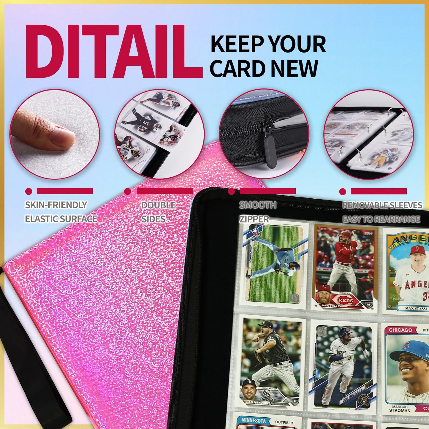 Dosanlues 9 Pocket Card Binder - 1080 Double Sided Pocket PU enhanced Zip Trading Card Binder Collectible Card Albums for MTG  TCG  Sports Cards  Game Cards - Bling Pink