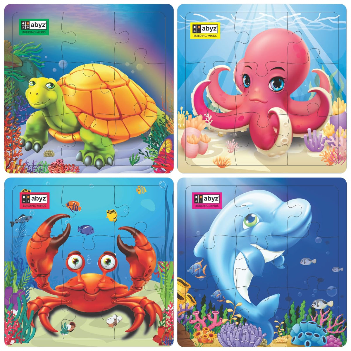 Abyz Wooden Jigsaw Puzzle  Underwater Animals | Dolphin, Octopus, Turtle, Crab| Playset For Little Explorers  9Pieces & Pack 
