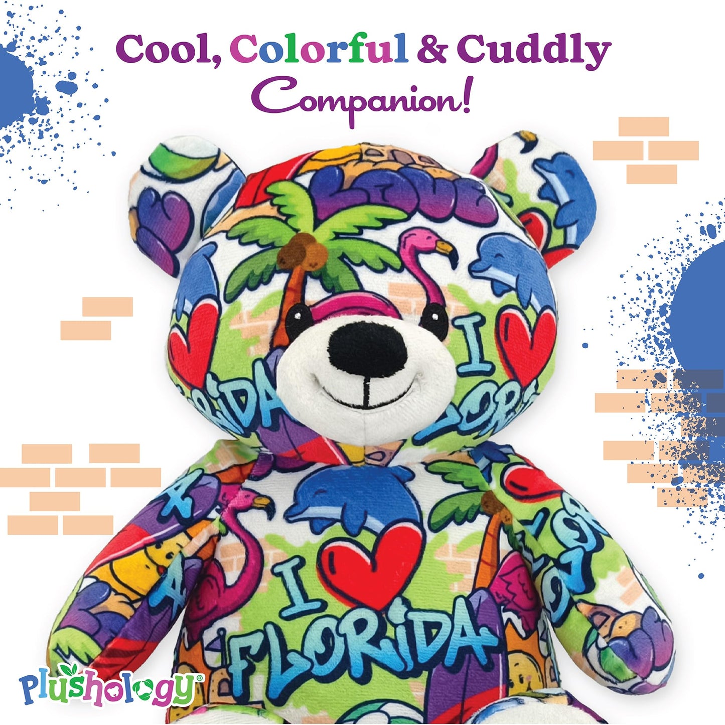 PLUSHOLOGY I Love Florida Graffiti Teddy Bear Eco Friendly Stuffed Animal; Cuddly Soft Velboa Plush Animal for Kids 3 Years Old to mature-themeds; Child-Safe Embroidered Face Details (10 Tall When Seated)