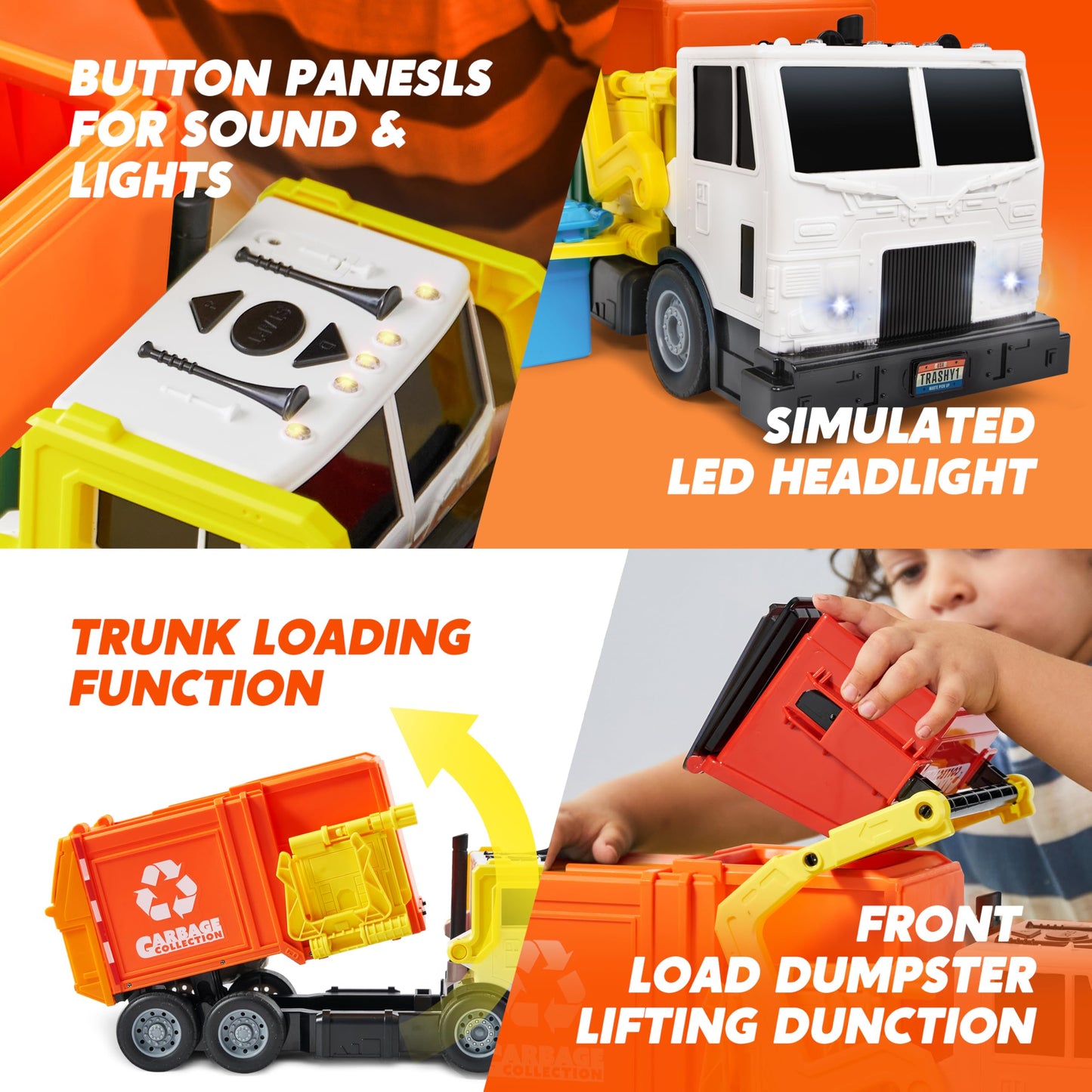 JOYIN Large Friction Powered Garbage Truck Toy Set, Includes Dumpster, Trash Bins, and Learning Cards for Kids, Orange