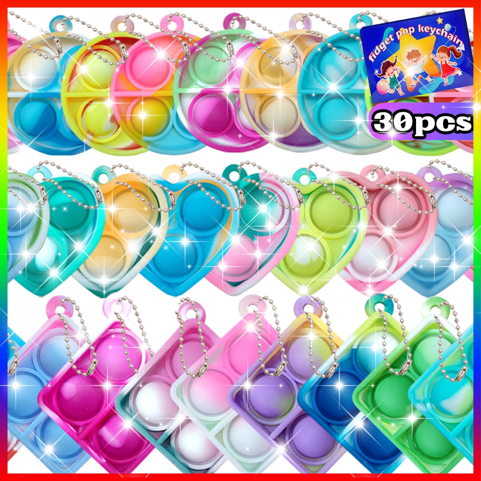 Onkull Pop Fidget Keychain It Mini Fidget Toys Bulk 30 Pack Party Favors For Kids 4-8,8-12 Year Boys Girls Push Pops Bulk Toys Its Small Prizes For Kids Classroom Birthday Party Favors Bubble Poppers