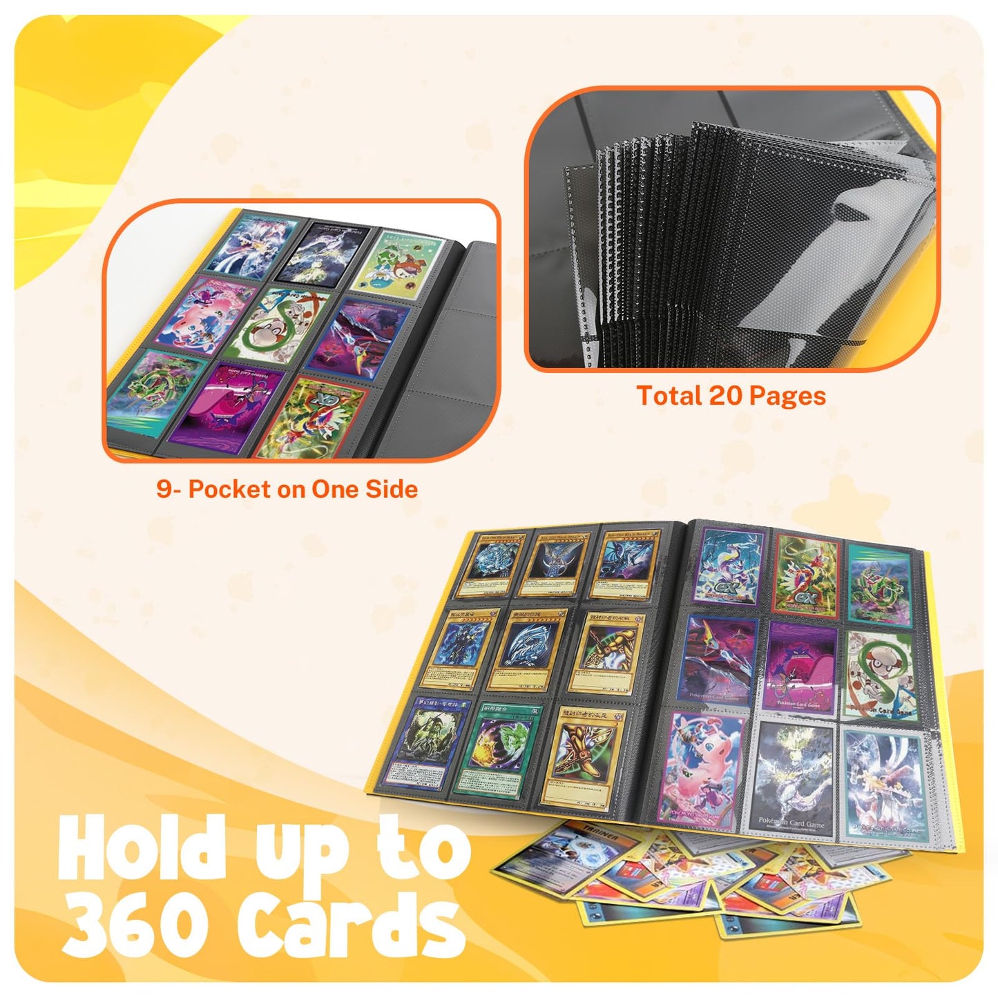 Card Binder  9 Pocket Trading Card Album Folder 20 Pages  360 Card Capacity Sports Card Binder  enhanced Card Binders Compatible with MTG  TCG  Baseball Cards (Yellow)