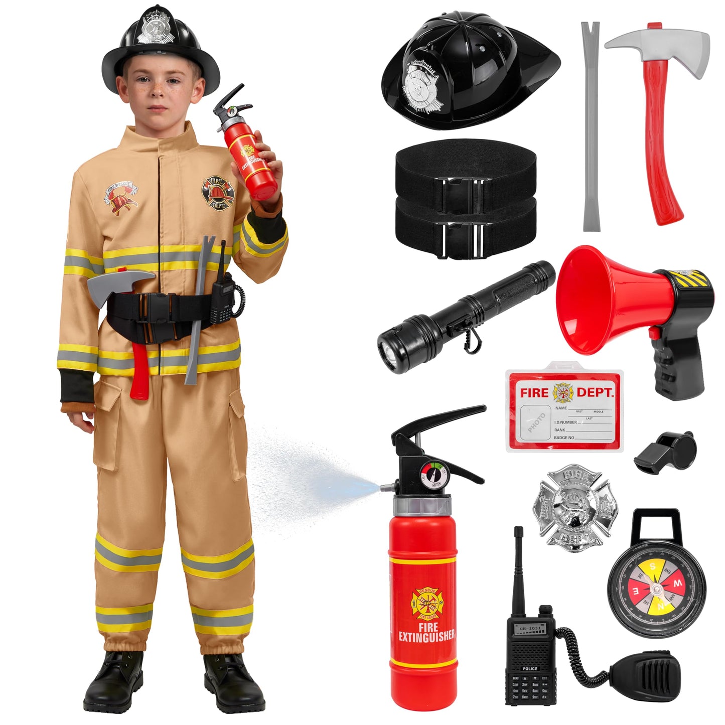 Spooktacular Creations Halloween Firefighter Costume For Kids, Boys Fireman Costume Set, Brown Firefighter Roleplay Accessories For Toddler Dress-Up And Career Cosplay Party (3T, 3-4 Yrs)