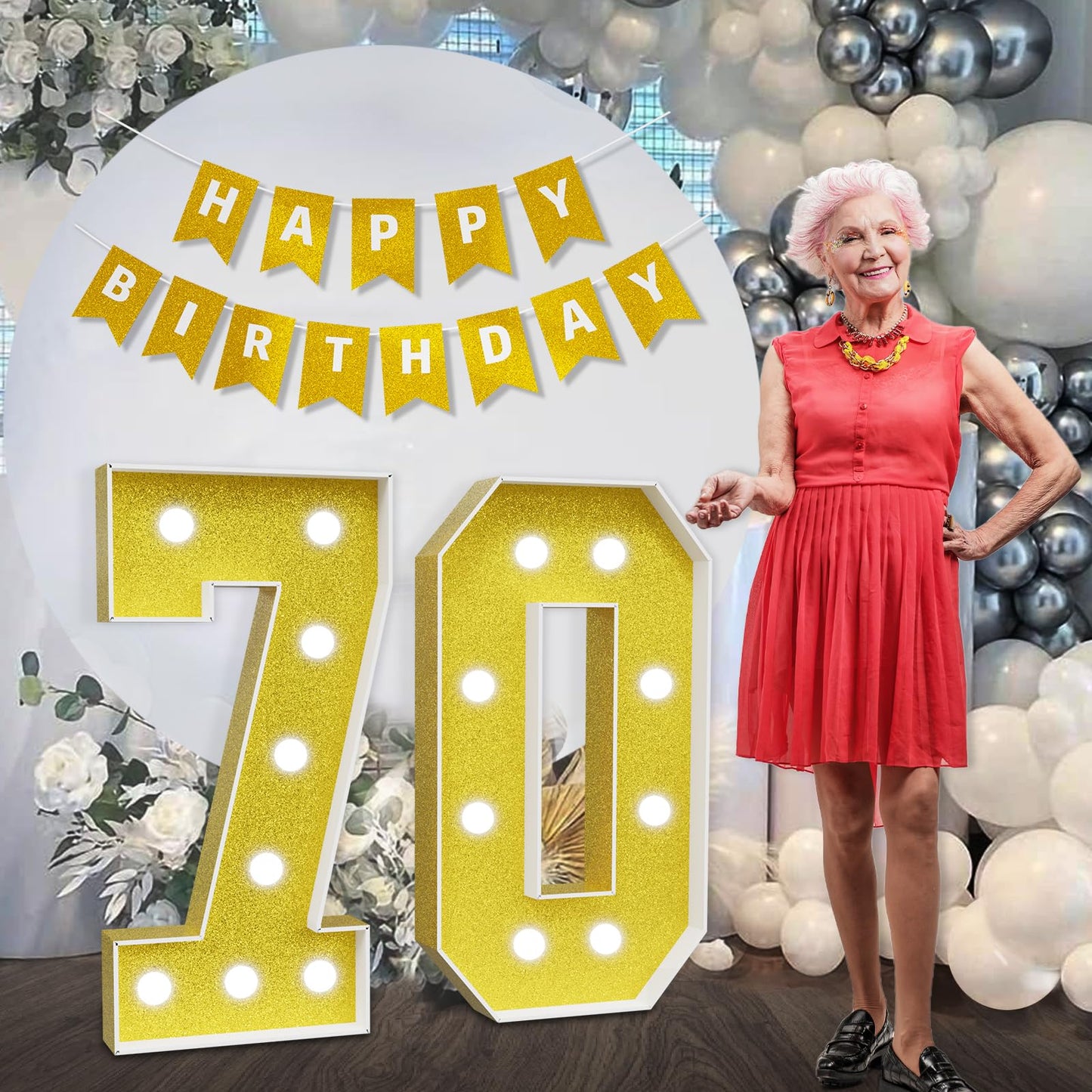 Imprsv Marquee Numbers Gold 70Th-Birthday Decorations: Large 3Ft Light Up Number 70 Birthday Decoration For Women Men Seventy Ye