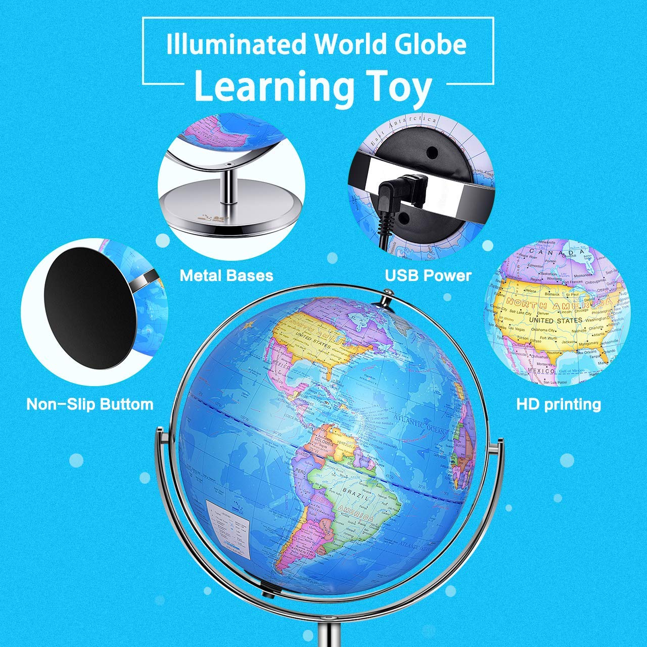 Illuminated World Globe For Kids, Desk Globe Night Light With Stand