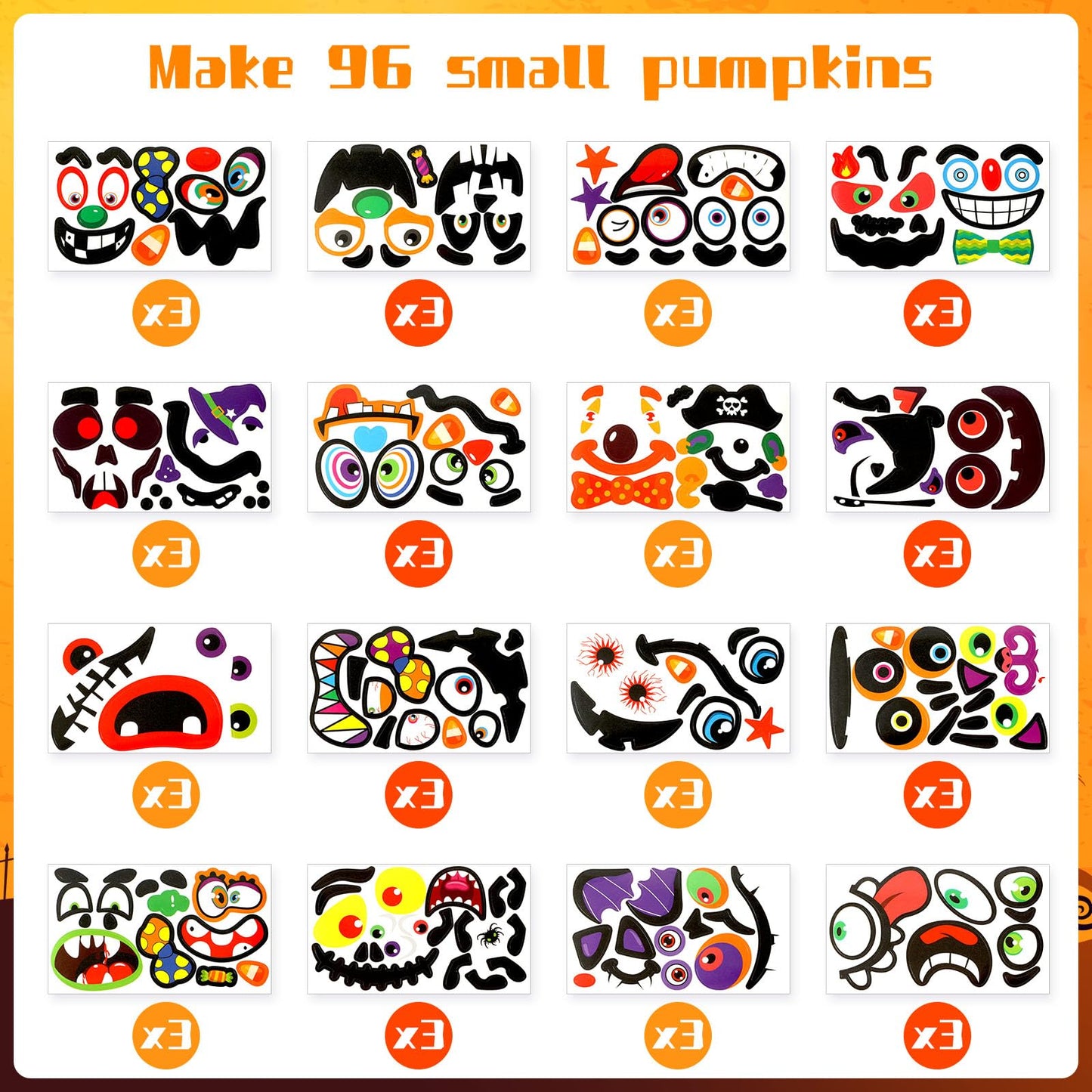 96 Pieces of Mini Halloween Pumpkin Decorating Stickers,Mini Pumpkin Face Stickers for Kids Halloween Party Favors Trick or Trea