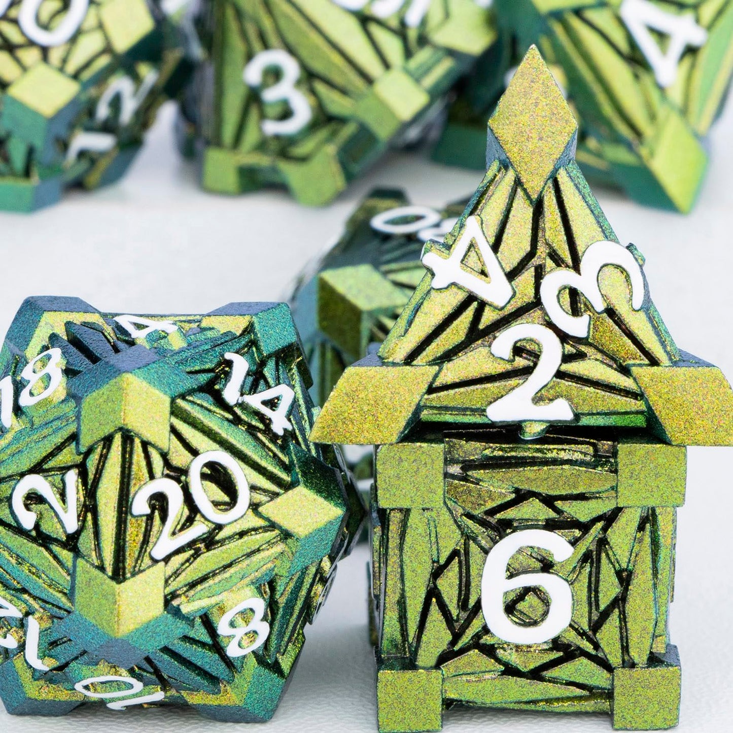ORIFANTOU 7PCS Metal DND Dice Set with Box, Debris RPG Green Yellow D and D Dice for use with D&D Tabletop Games Role Playing Ga