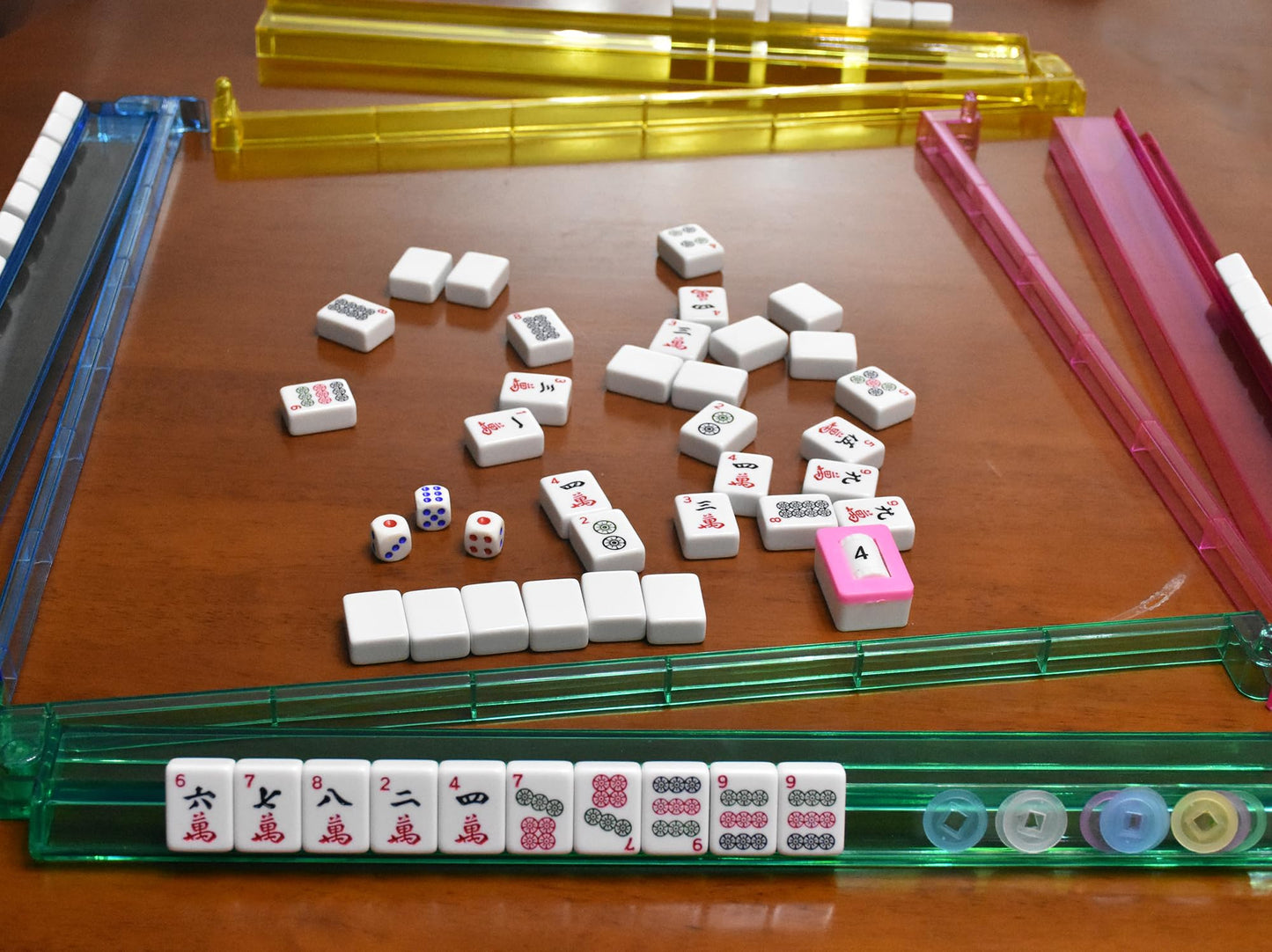 TrendyMate American Mahjong Set - 166 Premium White Tiles, Melamine, 9"x20"x3", Includes 4 Racks/Pushers & Soft Blue Carrying Bag