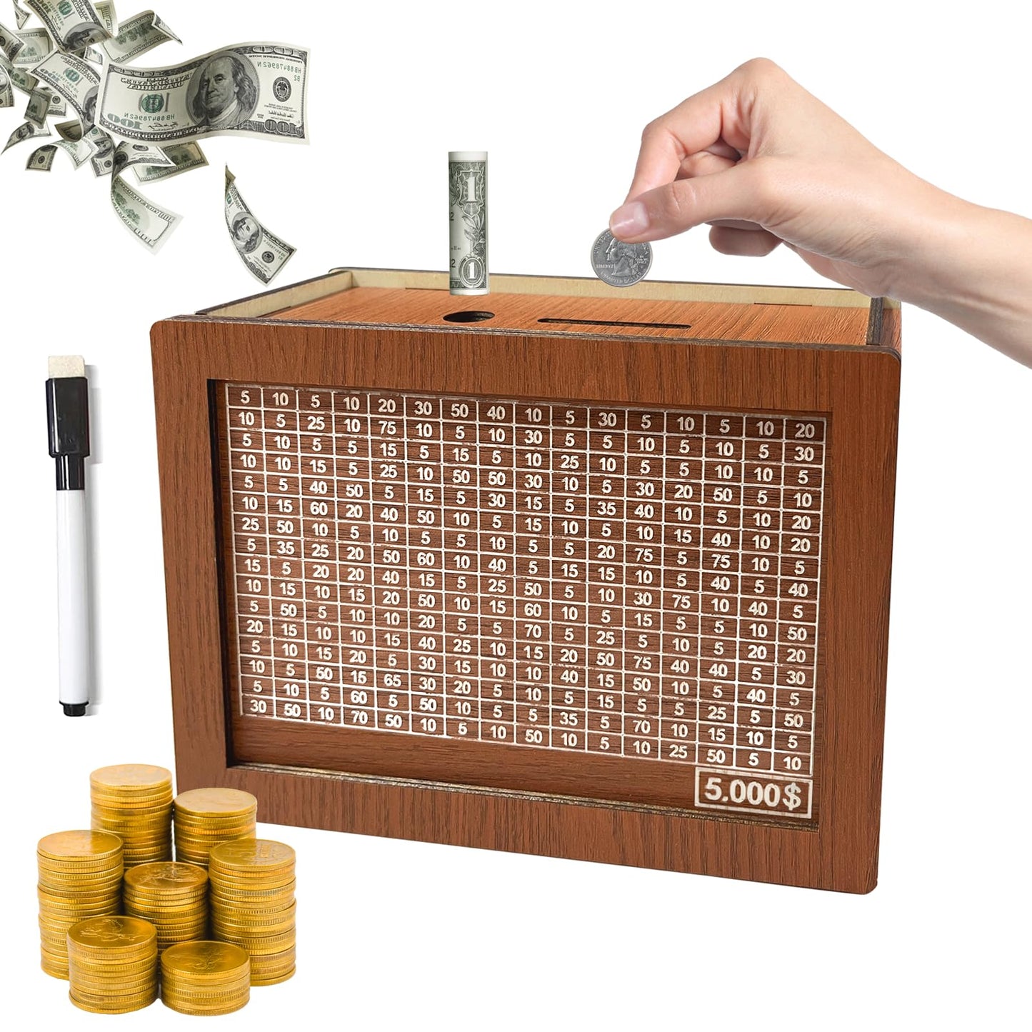Money Box With Counter, Retro Reusable Wooden Money Box Money Jar Coin Cash Box Piggy Bank With Numbers Ticks For Adults And Chi