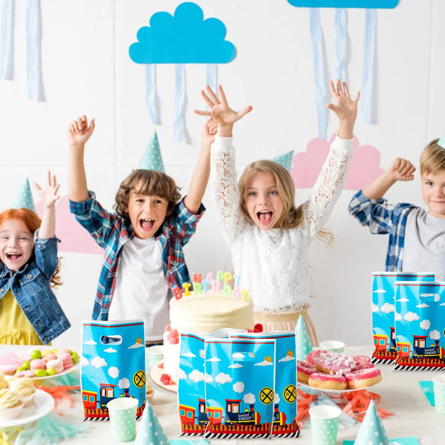 3Sscha 50Pcs Train Party Favor Bag Transportation Themed Waterproof Goodie Bag With Die Cut Handles Railway Traffic Glossy Plastic Candy Gift Bags For Kids Birthday Baby Shower Decoration Supplies