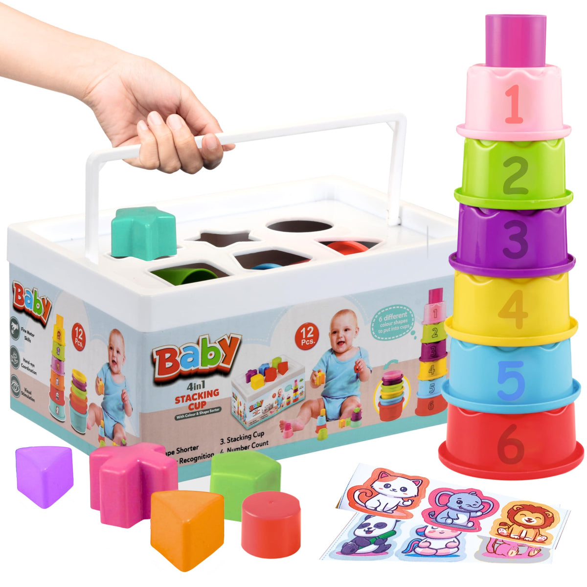 Angel Kids 4 In 1 Baby Toy Pack | Stacking Cups & Shape Sorting Blocks | Activity & Learning Toys For Babies | Infant & Preschoo