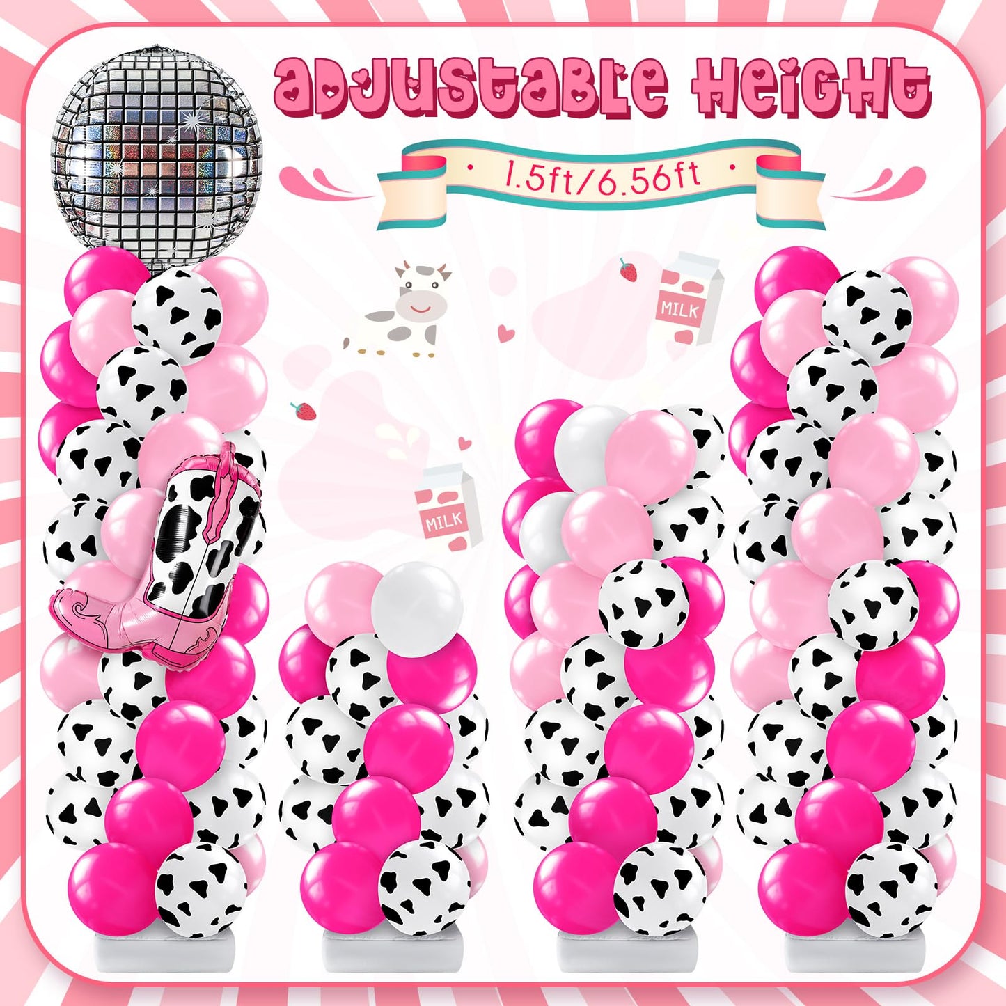 Kasyat Disco Cowgirl Balloon Column Kit - Hot Pink & Silver, Includes 4D Hat, Boots, and Balloons, Model AU-Kasyat-1775 for Birthday Parties