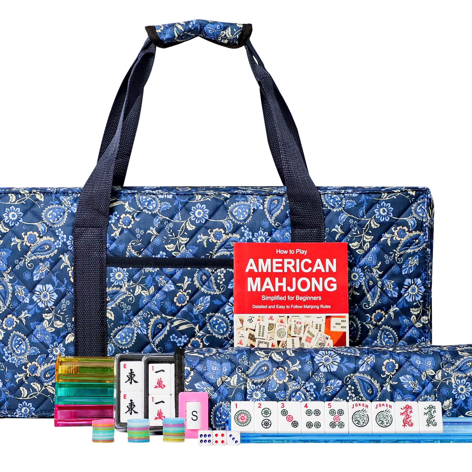 Jongyance American Mahjong Set With Blue Carrying Bag, 166 White Tiles, 4 All-In-One Rack/Pushers, Mahjong Tiles Set (Ma Jong, M