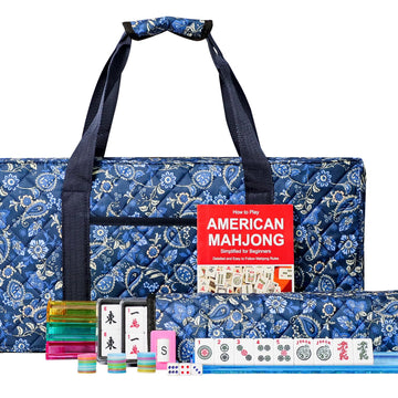 Jongyance American Mahjong Set With Blue Carrying Bag, 166 White Tiles, 4 All-In-One Rack/Pushers, Mahjong Tiles Set (Ma Jong, M