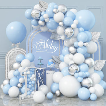 Blue And White Balloon Arch Kit, Baby Blue White Silver Balloon Garland With 4D Silver Foil Balloons, Pastel Light Blue Silver L
