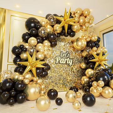 Bonropin 161Pcs Black And Gold Balloons Garland Arch Kit With Explosion Star Balloons, 5/10/12/18In Black Gold Confetti Latex Ba