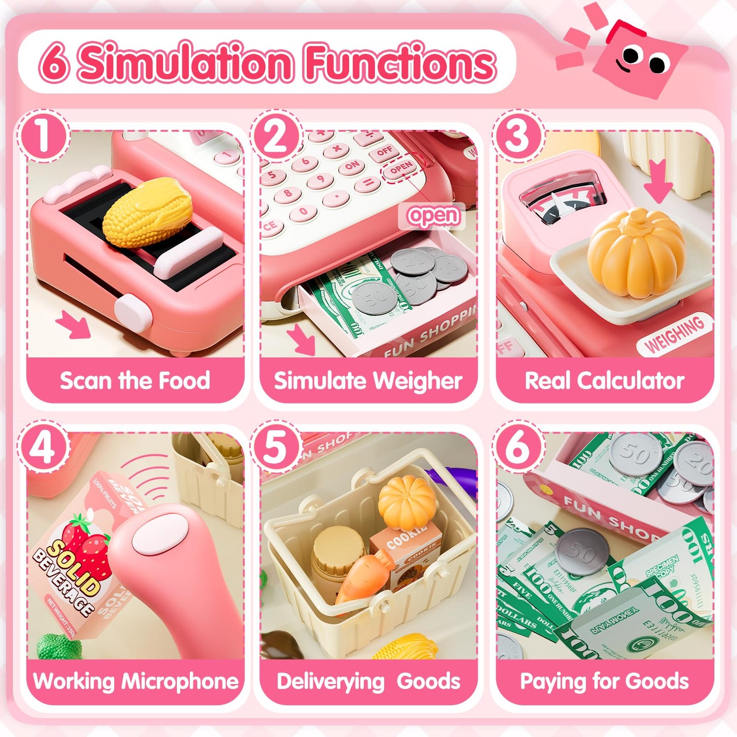 Stactcute 49Pcs Pretend Play Cash Register Toy Set For Kids With Real Calculator,Scanner,Microphone,Conveyor Belt,Weighing Tool,