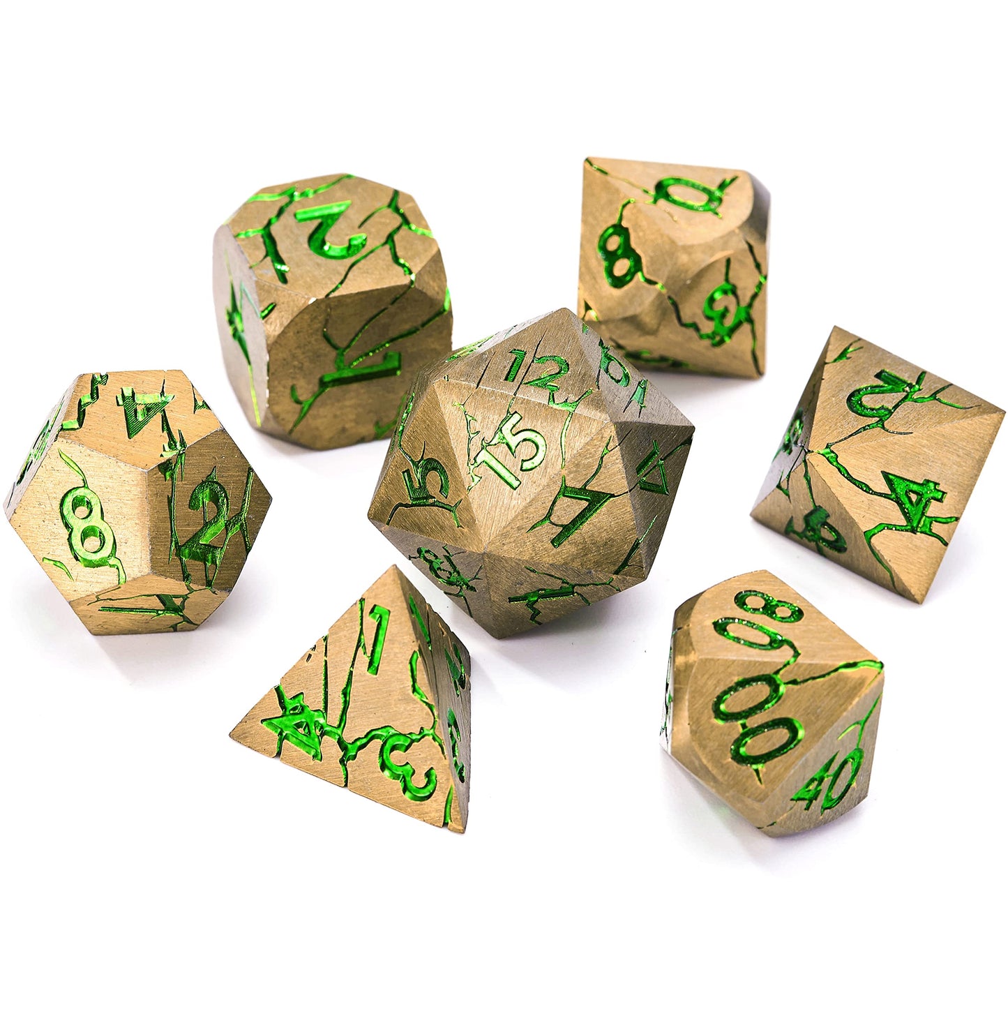 DND Metal Dice - Pharaoh Ruins Gold Metal Dice with Green Cracks - Polyhedral Dice Set for RPG D&D MTG Pathfinder and More - Bea