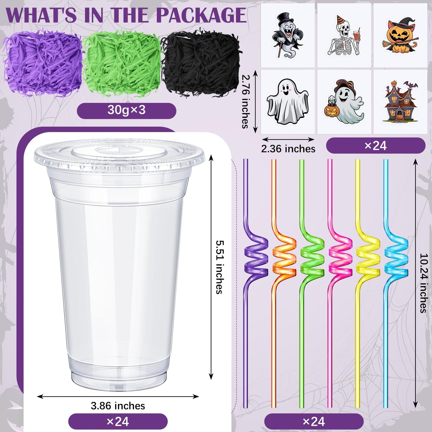 Qinyoung 24 Set Creative Halloween Classroom Favor Trick or Treat Plastic Cup with Lid Colorful Straw Sticker and Raffia Treat L