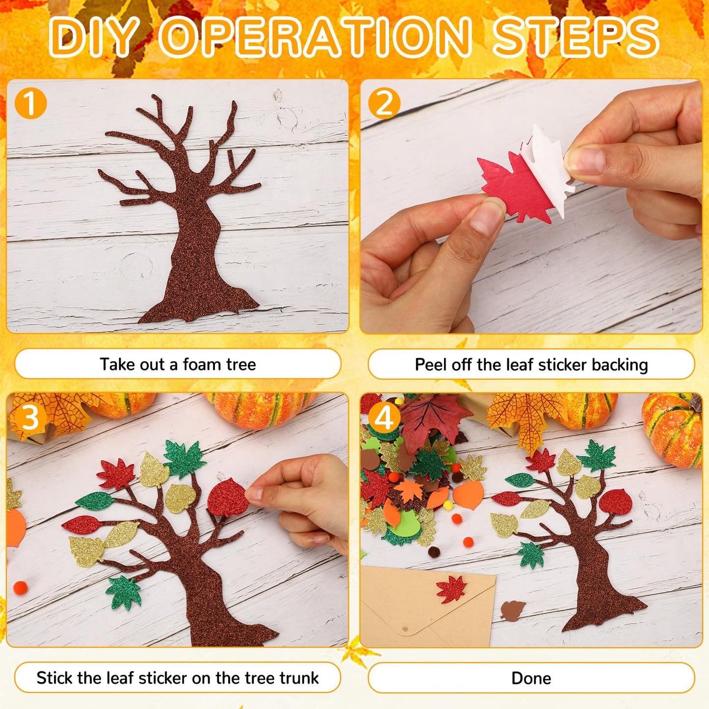 SEPGLITTER 524 Pcs Fall Crafts for Kid, Glitter Maple Leaf Stickers Pompoms Autumn DIY Self Adhesive Foam Stickers Tree Art for