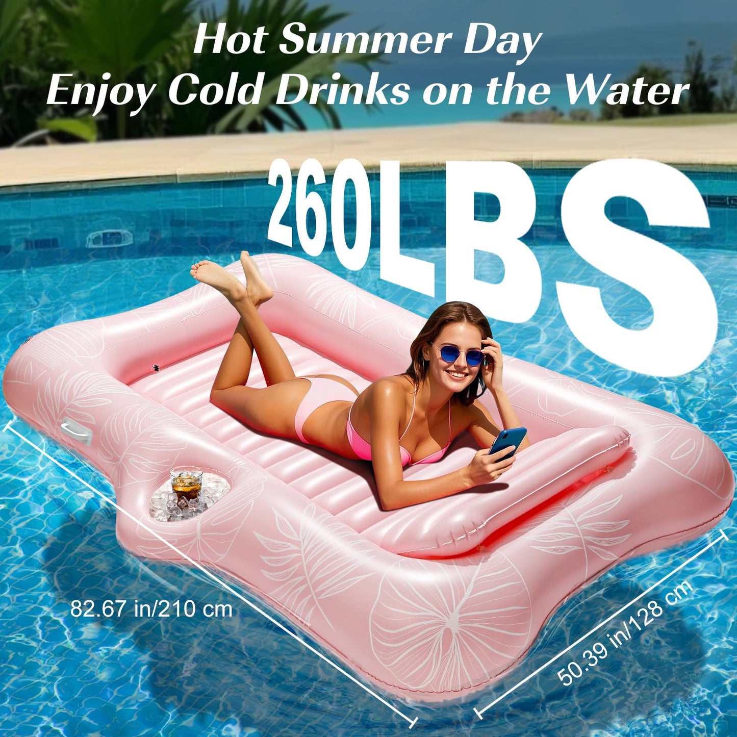 HeySplash Inflatable Pool Float Lounge, Large Pink Leaf, PVC, with Cup Holder & Pillow, Model P723314223292