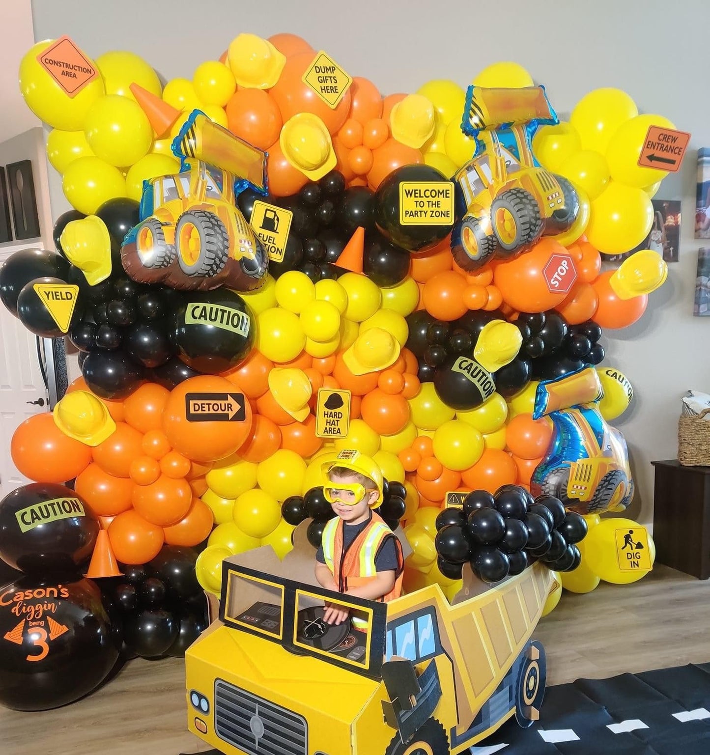 Construction Balloons, 12 Inch Black Orange Yellow Balloons,Excavator Helmet Warning Printed Latex Balloons For Construction Par
