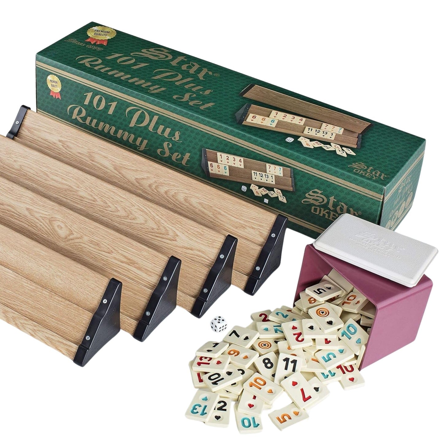 Lamodahome Star Plus Light Wooden Rummy/Okey/101 Game Set With Tile Container And Dices, For Adults And Kids, Perfect For Game Nights, Team Game, Get Together, Outdoor, Indoor