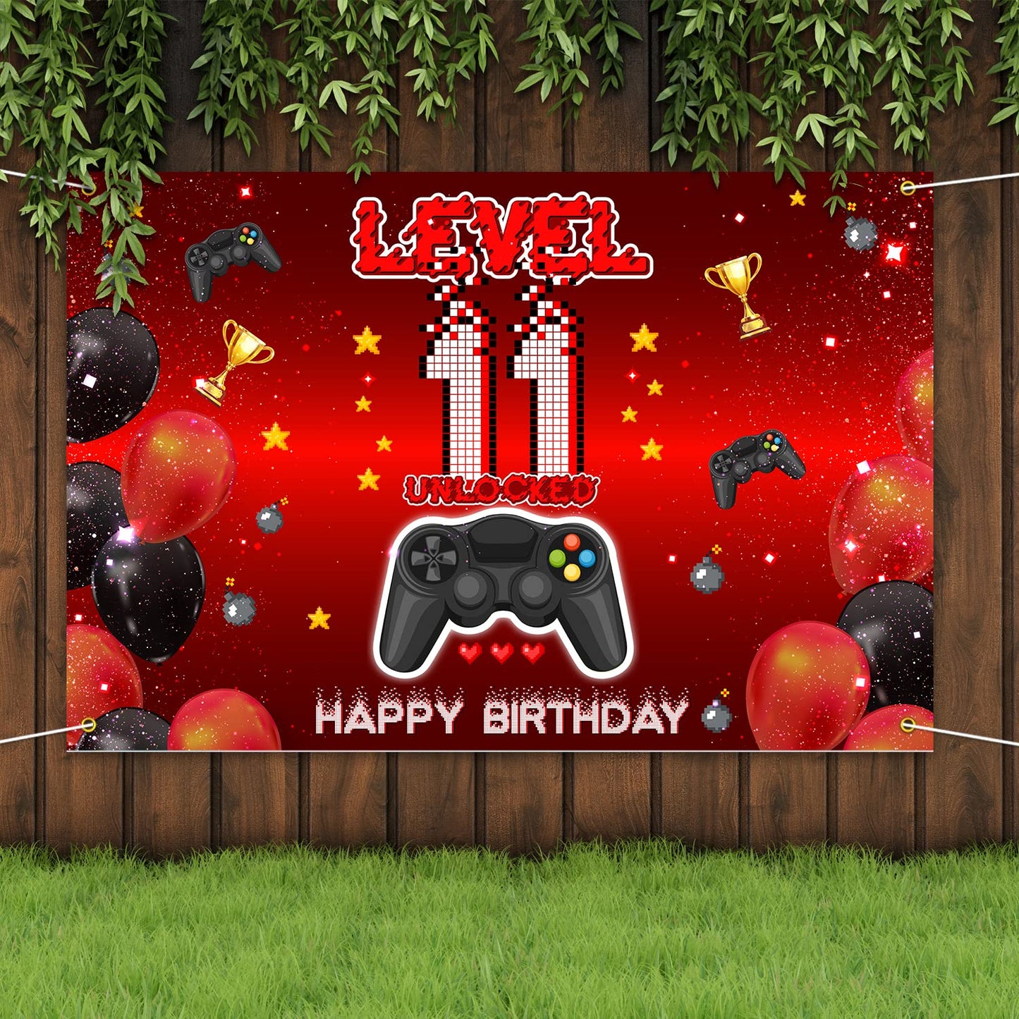 Level 11 Unlocked Backdrop Banner Decorations Video Game On Happy 11th Birthday for Boys Kids Red and Black 11 Years Old Level U