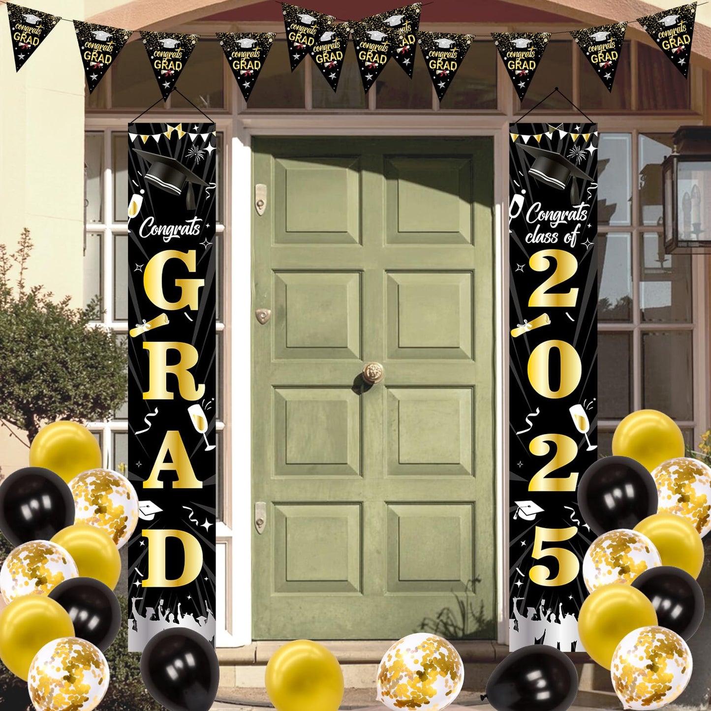 Graduation Decorations 2025, Black and Gold Graduation Decorations Class of 2025 Congrats Grad Backdrop Banner Porch Sign with f
