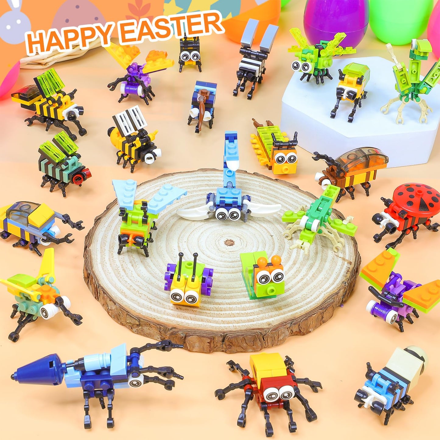 iGeeKid 24 Pack Prefilled Easter Eggs with Stem Building Toys for Boys Easter Basket Essential 12 in 1 Insect Themed Building Bl