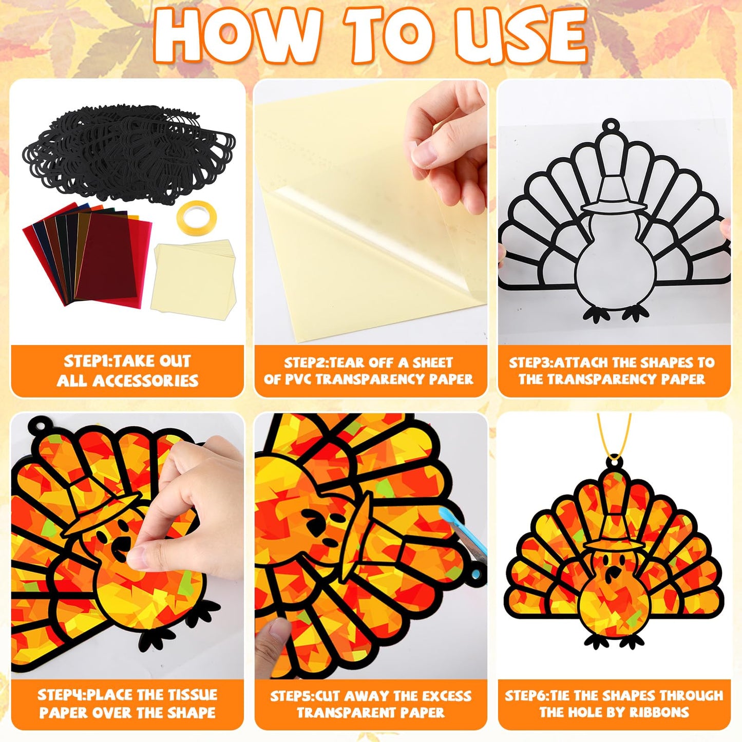 32 Sets Thanksgiving Turkey Suncatchers Craft Kit DIY Window Stained Glass Effect Thanksgiving Turkey Paper Crafts Home School C