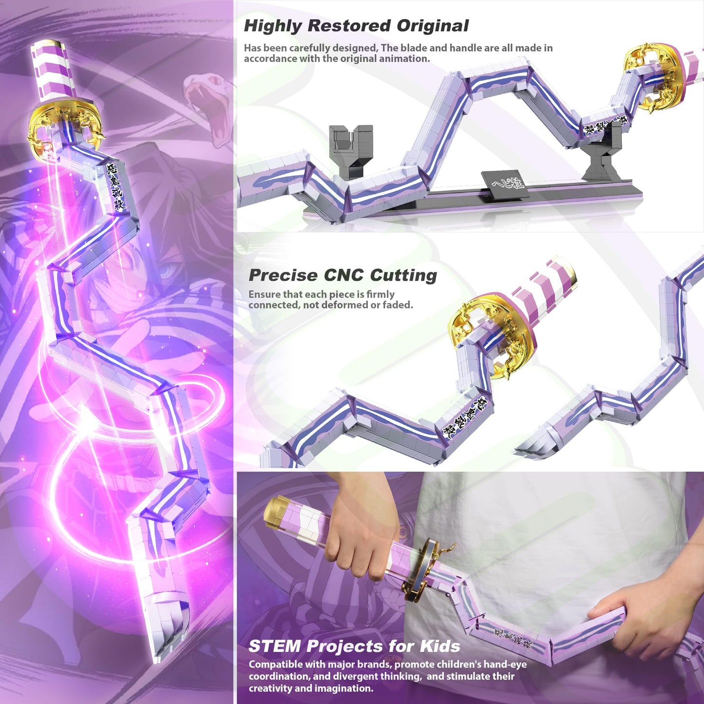 Jorumo decorative replica blades Building Sets for mature-themeds  34in Iguro Obanai decorative replica blade Building Block with Stand  Anime decorative replica blade Building Toy Katana Gift  836 Pcs